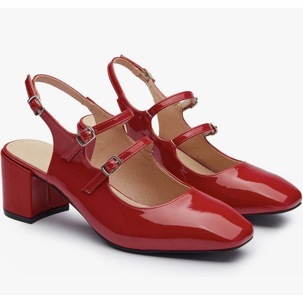 Viloporlor Women’s Mary Jane Shoes Slingback Chunky Heels Red Size 10
